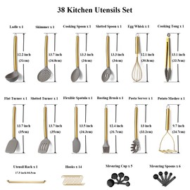 38 Piece Silicone kitchen Cooking Utensils Set with Utensil Rack, Silicone Head and Stainless Steel Handle Cookware, Kitchen Tools for Utensil Sets, Non-Stick kitchen Gadgets, Dishwasher Safe (Gold)