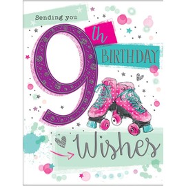 Piccadilly Greetings Group Ltd Girl Age 9 Sending You 9th Birthday Wishes Card - Roller Skates, 18.7 x 14.3 x 0.3 cm; 20 Grams,Pink