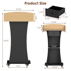 Podium Stand with Metal Wheels Wooden Lectern Podium Stand Portable Pulpit Standing with Storage Mobile Reception Podiums for Church Office School Conference Restaurant Meeting,Wood+Black