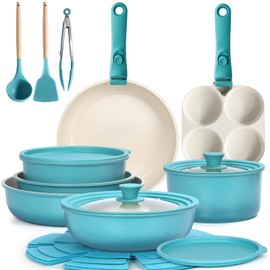 GIPP 21PCS Pots and Pans Set Non Stick, Kitchen Cookware Set Detachable Handle, Light Blue Gradient Pot and Pan Set, Non Toxic Cooking Pan Set with Frying Pans Set, RV Cookware Sets for All Stoves