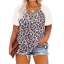 CARCOS Plus Size Tops for Women Leopard Animal Print Crew Neck Short Sleeve Tops Casual Cute Raglan Tee 2XL 18W 20W