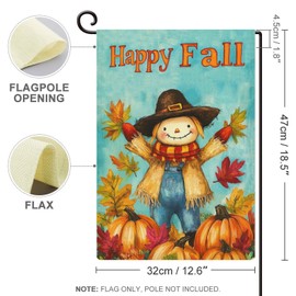 Reccmeny Happy Fall Scarecrow Garden Flag Autumn Leaves and Pumpkins Thanksgiving House Yard Outside Flag Seasonal Holiday Burlap Garden Decoration Home Decor Double Sided Flag 12x18 Inch