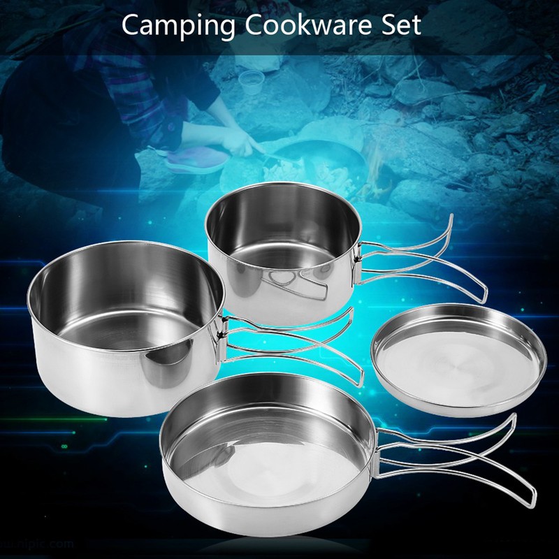 4Pcs Portable Stainless Steel Cookware Set Camping Picnic Outdoor Pan