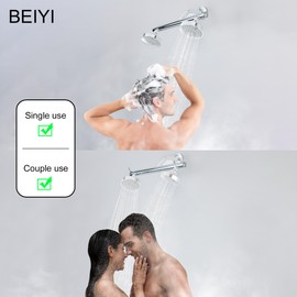 BEIYI Dual Shower Head Adapter, Chrome Double Shower Heads for Two People Rod with Shut Off Valve G1/2 Connection, for Rain & Handheld Shower Combo