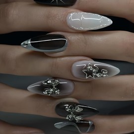 TENPAL Gothic Press on Nails Medium Almond,Black 3D Star Bow Rhinestones False Nails, Edgy Silver Vintage Fake Nails for Party Vacation, Reusable Stick on Nails Full Kit 24Pcs Gothic Star Nails