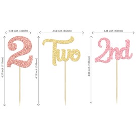 24 piezas de adornos para cupcakes de segundo cumpleaños con purpurina para segundo cumpleaños, dos púas para baby shower, segundo cumpleaños, aniversario, fiesta, decoración de pasteles, suministros de oro, rosa, oro rosa