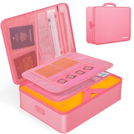 Noiposi Document Organizer with 5200℉ Heat Insulated,Waterproof and Fireproof Document Box,Portable Home Travel Safe Storage Box for Important Documents,File and Birth Certificate，Pink