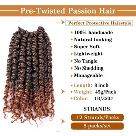 Short Passion Twist Hair Pretwisted Passion Twist Crochet Hair Deep Wave Braiding Braids Crochet Hair Pretwisted Synthetic Crochet Hair Extension (8 Inches, T350#)