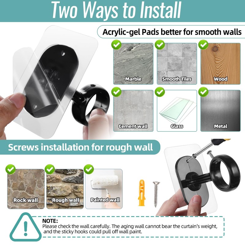 6-Pack No Drill Ceiling Curtain Rod Brackets Holder, Adhesive No