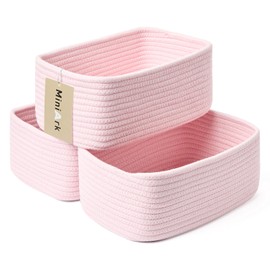MiniArk Shelf Storage Baskets for Organizing | Closet Organizer Bins | Small Baskets | Toy Basket | Cute Decorative Basket | Cube Storage Bin | Woven Rope Basket | 11.5×7.5×4.7” | 3 Packs Light Pink