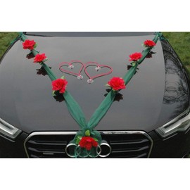 Organza M + Hearts Bride Couple Rose Decoration Car Decoration Wedding Car Wedding Decoration Ratan Garland ® Car Decoration Car Decoration (Red/Green/Red)