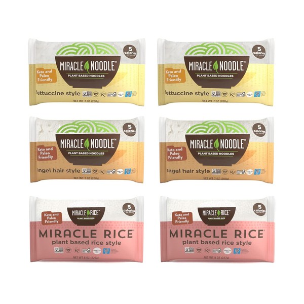 Miracle Noodle Variety Pack (Fettuccine, Angel Hair & Rice) - Shirataki Noodles, Shirataki Rice, Keto Pasta, Vegan, Gluten-Free, Low Carb, Paleo, Konjac Noodles/ Rice - 2 Bags of Each, 6-Pack