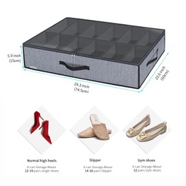 Onlyeasy Large Under Bed Shoe Organizer (12 Pairs x 2) - Underbed Shoes Closet Storage Solution with Metal Zipper and 2 Handles, Breathable, 29.3"x23.6"x5.9", Linen-like Grey, MXDUBSB2P