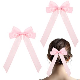2 PCS Pink Hair Bow Silky Satin Hair Bows and Ribbons Pink Alligator Clips for Ponytail Holders, Hair Accessories for Women