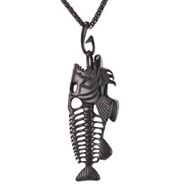 U7 Men Stainless Steel Black Metal Plated Fish-hook Fish Skeleton Bone Pendant Necklace
