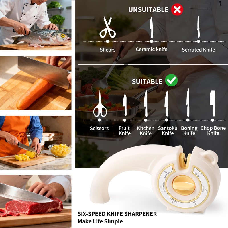 PUOPOSTY 6-in-1 Knife Sharpener with Rotary Knob, Multi-Use Sharpener for