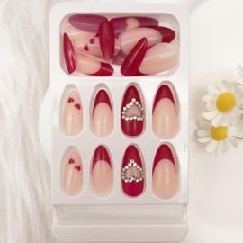Valentine's Day Press on Nails Medium Almond Fake Nails with Heart Rhinestone Designs Red French Tip Nails Press ons Glossy Glue on Nails Nude Stick on Nails for Women 24Pcs
