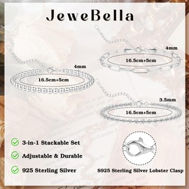 JeweBella 3 Pcs Silver Bracelet for Women Ajustable Layered Ladies Bracelets Sets Beaded Cuban Snake Chain Bracelet Stack 925 Sterling Silver Clasp Bracelets for Womens