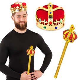 Funny Party Hats Royal King’s Crown & Scepter - King Costume – Gold Costume Crown - Dress Up Accessories – 2 Pc
