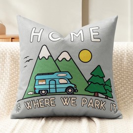 JOTOM Cushion Cover 45x45 cm Motorhome Gadgets Caravan Camping Home is Where We Park it Throw Pillow Cover Campervan Accessories Gift Pillow Case Holiday Couch Bed Sofa Decor (Camping Light Grey)