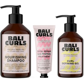 Bali Curls Set - Nourishing Shampoo (250 ml), Curl Defining Gel (150 ml) & SOS Protein Treatment (20 ml) - Care Set for Nourished, Strong & Defined Curls