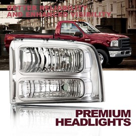 CNNELL Headlights Assembly Headlamp Compatible with 2005 2006 2007 Ford F250 F350 F450 F550 SuperDuty(Clear lens Chrome Housing Clear Reflector)
