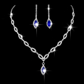 Wedity Wedding Crystal Necklace Earrings Set Bridal Collar Necklaces Blue Pendant Jewellery for Women and Girls, Stone, Rhinestone