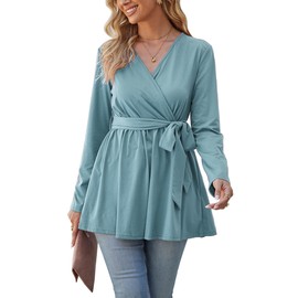 OUGES Women's Maternity Tunics Tops Shirts Long Sleeve Wrap V Neck Nursing Maternity Clothes Casual Pregnancy Blouse(Gray Blue,L)