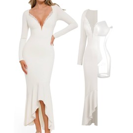 Popilush Party Dresses for Women Long Sleeve Cocktail Dress Shapewear Tummy Control Deep V Neck Lace Mermaid Maxi Dress White