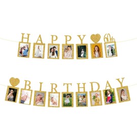 JUTTIRA Happy 60th Birthday Photo Banner 60 Year Old Party Decorations, Sixty Birthday Picture Frame Banner 60th Photo Frame Party Supplies Bunting Decor