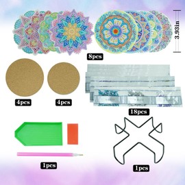 janeunique Diamond Painting Coasters, 8 Pieces Diamond Painting Coasters with Holder, Mandala Diamond Painting Coasters Kit, DIY Diamond Art Coasters Crafts