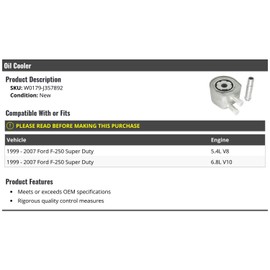 Marketplace Auto Parts Engine Oil Cooler - Compatible with 1999-2007 Ford F-250 Super Duty 5.4L V8, 6.8L V10