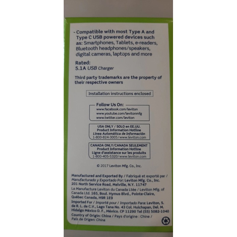 Leviton 20Amp Leviton Duplex USB Charger/Tamper Resistant Outlet Type A
