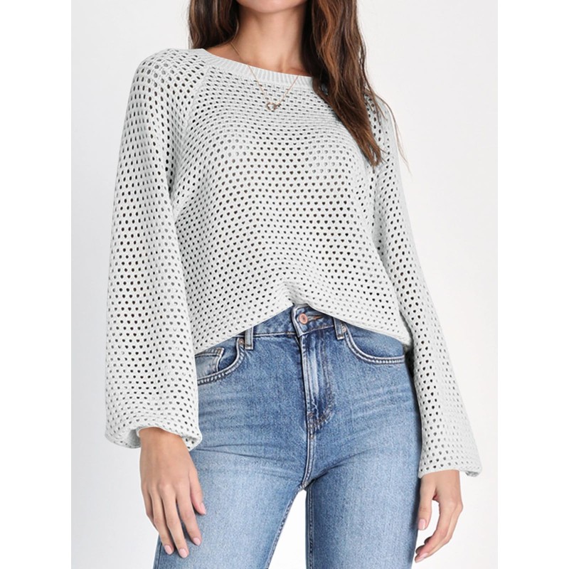 Saodimallsu Women's Crew Neck Mesh Long Sleeve Tops Plain Elegant