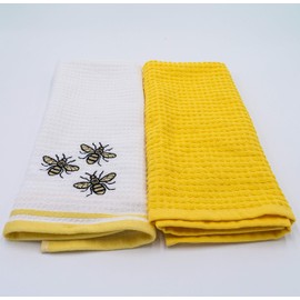 Lex's Linens Embroidered Waffle & Toweling 2 Pack Tea Towel Pack (Yellow & White Bees)