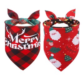 SCENEREAL Christmas Dog Bandanas 2 Pack, Puppy Xmas Santa Claus Elk Triangle Bibs Handkerchief, Reversible Holiday Dog Bandana for Boy and Girl, Premium Pet Scarf for Small Medium Large Dogs L