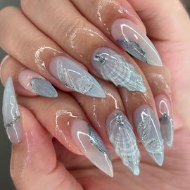 BQZQPAMZ Blue Press on Nails Pointed Shell Design Fake Nails with Rhinestones Full Cover Acrylic Nails Medium Artificial Fingernails Women Manicure Supplies, 24pcs