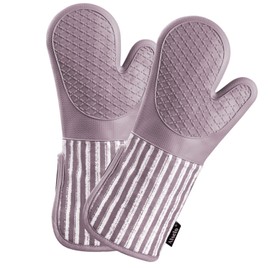 Alselo Silicone Oven Mitts Heat Resistant 932℉ with Waterproof & Non-Slip Kitchen Mittens, Set of 2 Extra Long Oven Gloves with Soft Cotton Terry Lining for Baking Cooking Barbecue(2, Purple Mitts)