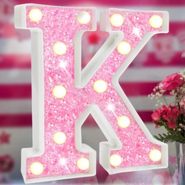 Pink Light Up Letters, Glitter Alphabet Letter Sign Pink LED Marquee Letter Lights Battery Powered for Night Light Girls Bedroom Birthday Party Wedding Home Christmas Decorations Gift for Her-Pink K