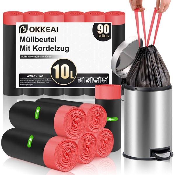 OKKEAI Black Bin Liners 10 L with Drawstring Small Bin