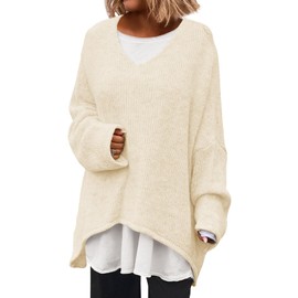 Saodimallsu Womens Oversized V Neck Sweaters Batwing Long Sleeve Knit Fall Slouchy Pullover Sweater Tops Cream