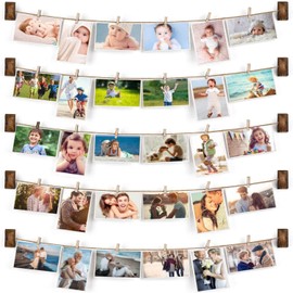 Emfogo Pictures Wall Decor, Wood Hanging Photo Display DIY Decor 5 Strings with 30 Clips, Adjustable Twines fit Multi Photo Wall Display Organizer 35 x 35 inch