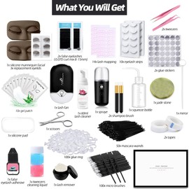 Lash Extension Kit Professional Eyelash Extensions Supplies Training for Beginners Mannequin Head Grafting Lash USB Fan Lash Shampoo Brush Spraye 0.07D Curl Mix 8-15mm Practice Eyelash Strips