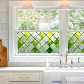 BlissYard Window Privacy Film Home Decorative Green and White Glass Window Film for Glass Door Home and Office PVC Static Cling Sticker 39.3×17.7 Inchs Fit Bedrooms Removable Static Cling Stickers