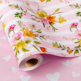 Burymento Pink Striped Flower Wrapping Paper, Reversible Pink Love Design Gift Wrap for Baby Shower, Birthday, Valentines, Mothers day, Graduation, Wedding, Fathers day, Christmas (17 Inch X 32.8 Feet)
