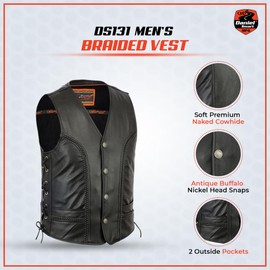 Daniel Smart Motorcycle Vests for Men Black Cowhide Biker Riding Vest for Men with Side Laces Design & Multiple Carry Pocket