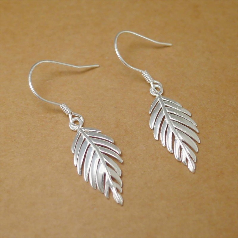 Sterling Silver Falling Feather Leaf Wing Drop Dangle Hook Earrings
