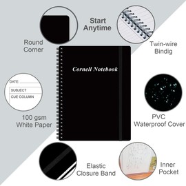 Yaridar A4 Cornell Notes Notebook - Spiral Cornell Notebooks for Note Taking, Subject College Ruled Notebook Steno Pads for Office/School/College/Home, 8.5" x 11", Black
