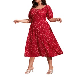 Floerns Women's Plus Size Floral Print Tie Front Square Neck Slit Hem Midi Dress Red 2XL