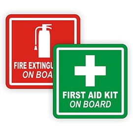 2" Fire Extinguisher/First Aid Kit on Board Vinyl Decals/Stickers/Labels Pair